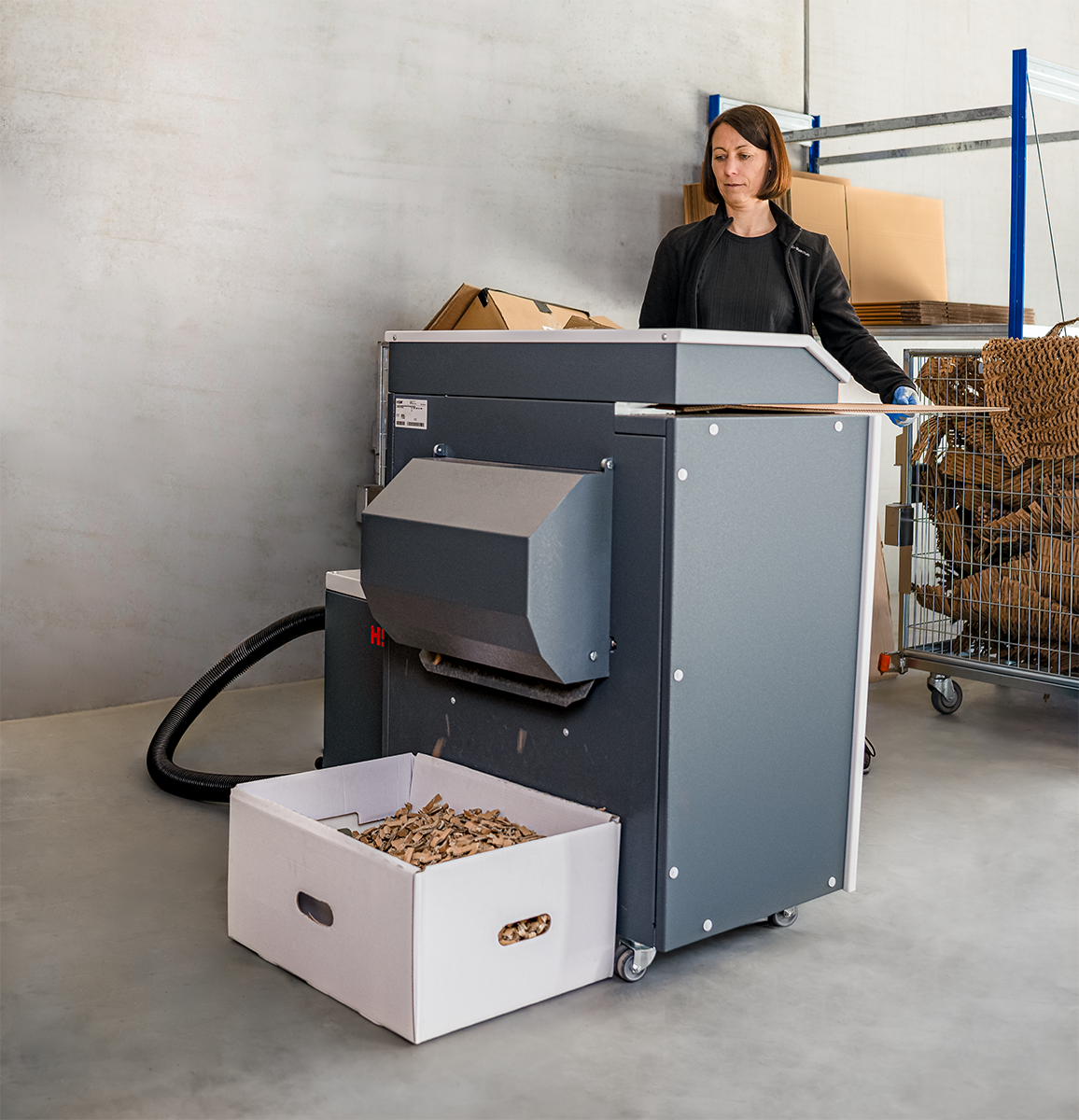 Matelasseur de carton HSM Profipack P425 eco Chip (220V) avec kit d'apation pour aspiration