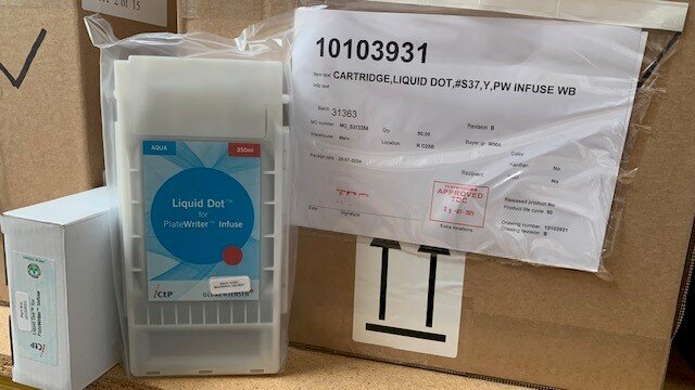 CTP Procesloos Infuse: cartridge, liquid dot, #S37, Y, PW Infuse WB /350ml