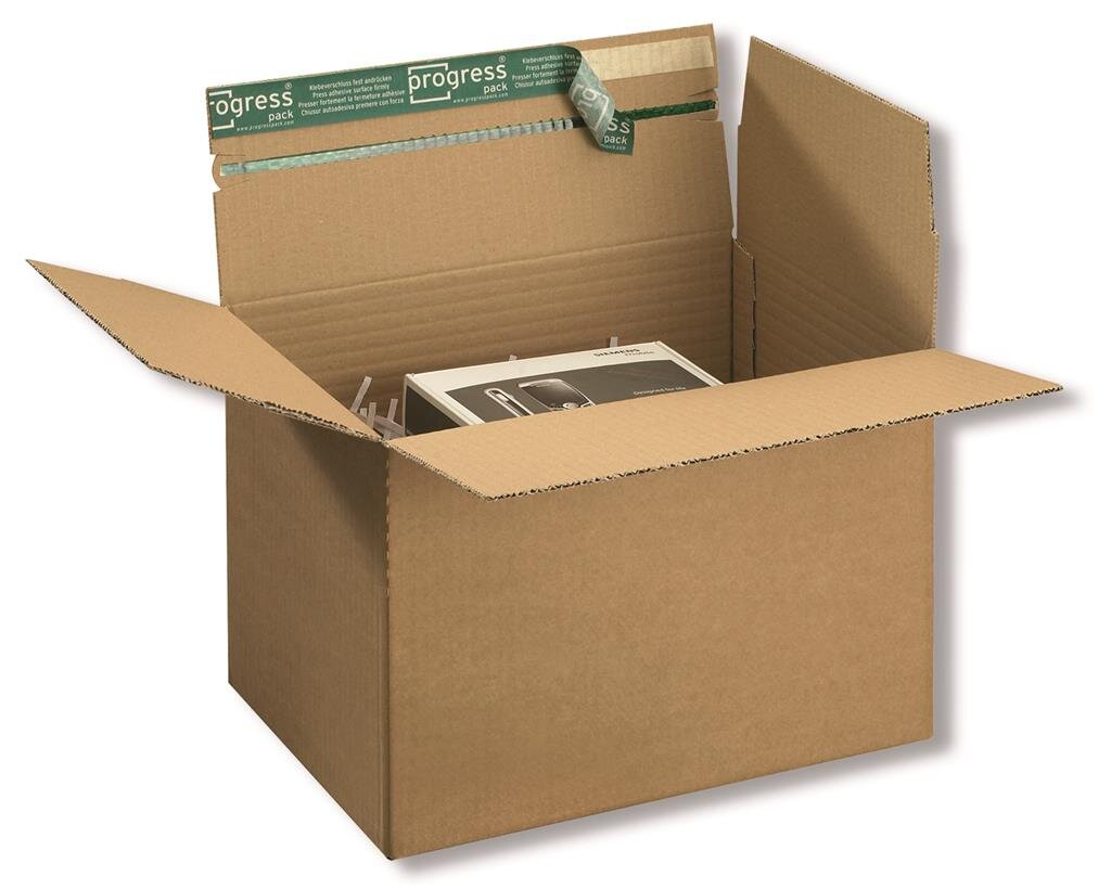 Afgeprijsd - Progress bruine doos met automatische bodem, zelfklevende strip en variabele hoogte 229 mm x 16